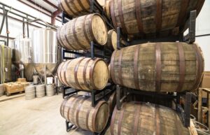 Stack of barrels in cellar